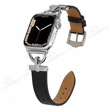 Apple Watch 7 Silver-Siyah Metal Deri Kordon (41 mm)