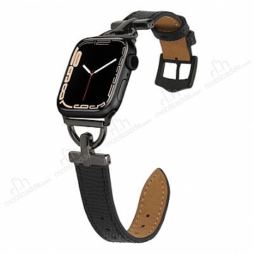 Apple Watch 7 Siyah Metal Deri Kordon (45 mm)