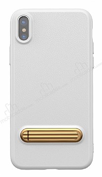 Baseus iPhone X / XS Standl Deri Grnml Beyaz Silikon Klf