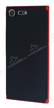 Eiroo Carbon Hybrid Sony Xperia XZ Premium Krmz Kenarl Karbon Siyah Silikon Klf