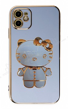Eiroo iPhone 11 Aynal Kitty Standl Mavi Silikon Klf