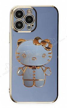 Eiroo iPhone 14 Pro Max Aynal Kitty Standl Mavi Silikon Klf