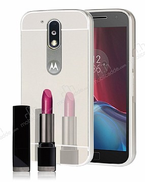 Eiroo Mirror Motorola Moto G4 / G4 Plus Metal Kenarl Aynal Silver Rubber Klf