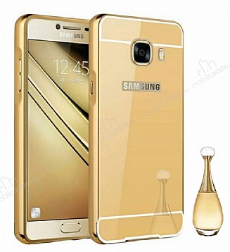 Eiroo Mirror Samsung Galaxy C7 Pro Metal Kenarl Aynal Gold Rubber Klf