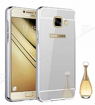 Eiroo Mirror Samsung Galaxy C7 Pro Metal Kenarl Aynal Silver Rubber Klf