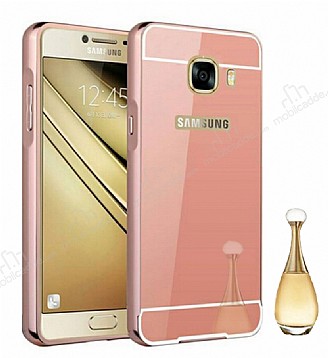 Eiroo Mirror Samsung Galaxy C9 Pro Metal Kenarl Aynal Rose Gold Rubber Klf