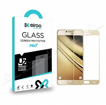 Eiroo Samsung Galaxy C7 Pro Tempered Glass Full Gold Cam Ekran Koruyucu