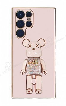 Eiroo Samsung Galaxy S22 Ultra 5G Candy Bear Standl Pembe Silikon Klf