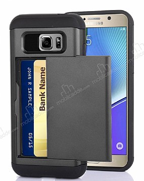 Eiroo Sliding Card Samsung Galaxy Note 5 Ultra Koruma Dark Silver Klf