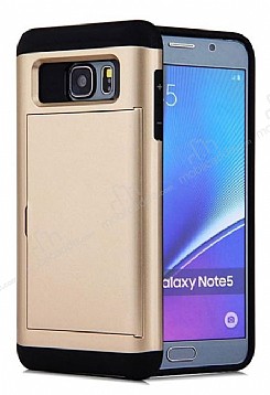 Eiroo Sliding Card Samsung Galaxy Note 5 Ultra Koruma Gold Klf