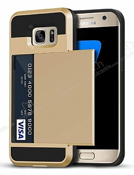 Eiroo Sliding Card Samsung Galaxy S7 Edge Ultra Koruma Gold Klf