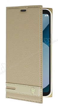 LG Q6 Gizli Mknatsl Yan Kapakl Gold Deri Klf