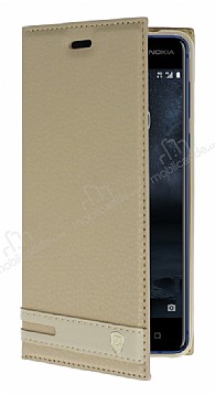 Nokia 5 Gizli Mknatsl Yan Kapakl Gold Deri Klf