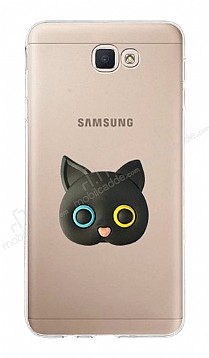 Samsung Galaxy J7 Prime 2 Kedi Figrl Telefon Tutuculu Siyah Silikon Klf