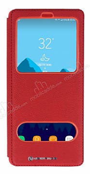 Samsung Galaxy Note 8 Gizli Mknatsl ift Pencereli Krmz Deri Klf