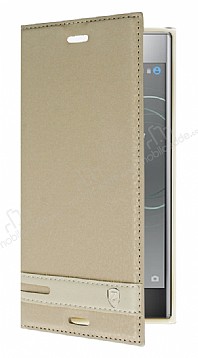 Sony Xperia XZ Premium Gizli Mknatsl Yan Kapakl Gold Deri Klf