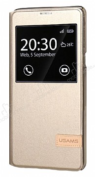 Usams Muge Series HTC One A9 Pencereli Standl Gold Deri Klf