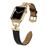 Apple Watch 7 Gold-Siyah Metal Deri Kordon (45 mm)