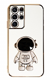 Eiroo Astronot Samsung Galaxy S21 Ultra Standl Beyaz Silikon Klf