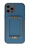 Eiroo Chic Stand iPhone 12 Pro 6.1 in Deri Mavi Rubber Klf