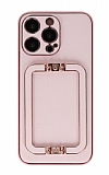 Eiroo Chic Stand iPhone 13 Pro Max Deri Ak Pembe Rubber Klf