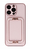 Eiroo Chic Stand iPhone 13 Pro Deri Ak Pembe Rubber Klf