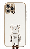 Eiroo iPhone 12 Pro Max Baby Bear Standl Beyaz Silikon Klf