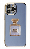 Eiroo iPhone 14 Pro Aynal Parfm Standl Mavi Silikon Klf