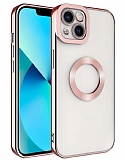 Eiroo Luxury Clear iPhone 14 Plus Kamera Korumal Rose Gold Silikon Klf