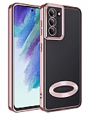 Eiroo Luxury Clear Samsung Galaxy S21 FE 5G Kamera Korumal Rose Gold Silikon Klf