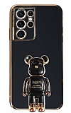 Eiroo Samsung Galaxy S21 Ultra Baby Bear Standl Siyah Silikon Klf