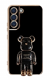 Eiroo Samsung Galaxy S21 FE 5G Baby Bear Standl Siyah Silikon Klf