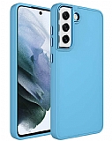 Eiroo Samsung Galaxy S21 FE 5G Metal ereveli Ak Mavi Rubber Klf