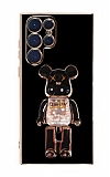 Eiroo Samsung Galaxy S22 Ultra 5G Candy Bear Standl Siyah Silikon Klf