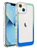 Eiroo Shimmer iPhone 14 Plus Kamera Korumal Yeil-Mavi Silikon Klf