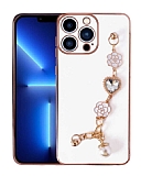Eiroo Taka iPhone 13 Pro Max Kamera Korumal Zincirli Beyaz Silikon Klf