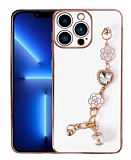 Eiroo Taka iPhone 14 Pro Kamera Korumal Zincirli Beyaz Silikon Klf