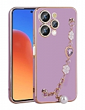 Eiroo Taka iPhone 15 Pro Kamera Korumal Zincirli Mor Silikon Klf