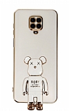 Eiroo Xiaomi Redmi Note 9S Baby Bear Standl Beyaz Silikon Klf