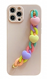 iPhone 11 Pro Bilek Askl Zincirli Kamera Korumal Pembe Klf