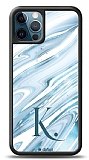 Dafoni Glossy iPhone 12 Pro Max 6.7 in Kiiye zel Harf Simli Mavi Mermer Klf
