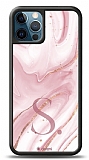 Dafoni Glossy iPhone 12 Pro Max 6.7 in Kiiye zel Harf Simli Pembe Mermer Klf