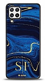 Dafoni Glossy Samsung Galaxy M22 Kiiye zel ift Harf Simli Lacivert Mermer Klf
