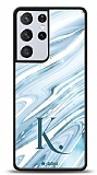 Dafoni Glossy Samsung Galaxy S21 Ultra Kiiye zel Harf Simli Mavi Mermer Klf