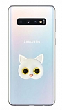 Samsung Galaxy S10 Plus Kedi Figrl Telefon Tutuculu Beyaz Silikon Klf