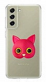 Samsung Galaxy S21 FE 5G Kedi Figrl Telefon Tutuculu Koyu Pembe Silikon Klf
