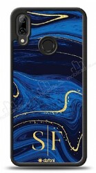 Dafoni Glossy Huawei P20 Lite Kişiye Özel Çift Harf Simli Lacivert Mermer Kılıf - Dafoni