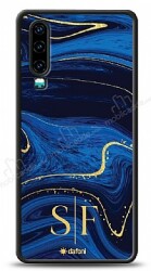 Dafoni Glossy Huawei P30 Kişiye Özel Çift Harf Simli Lacivert Mermer Kılıf - Dafoni