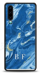 Dafoni Glossy Huawei P30 Kişiye Özel İki Harf Simli Mavi Mermer Kılıf - Dafoni