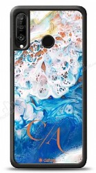 Dafoni Glossy Huawei P30 Lite Kişiye Özel Çift Harf Simli Okyanus Mermer Kılıf - Dafoni